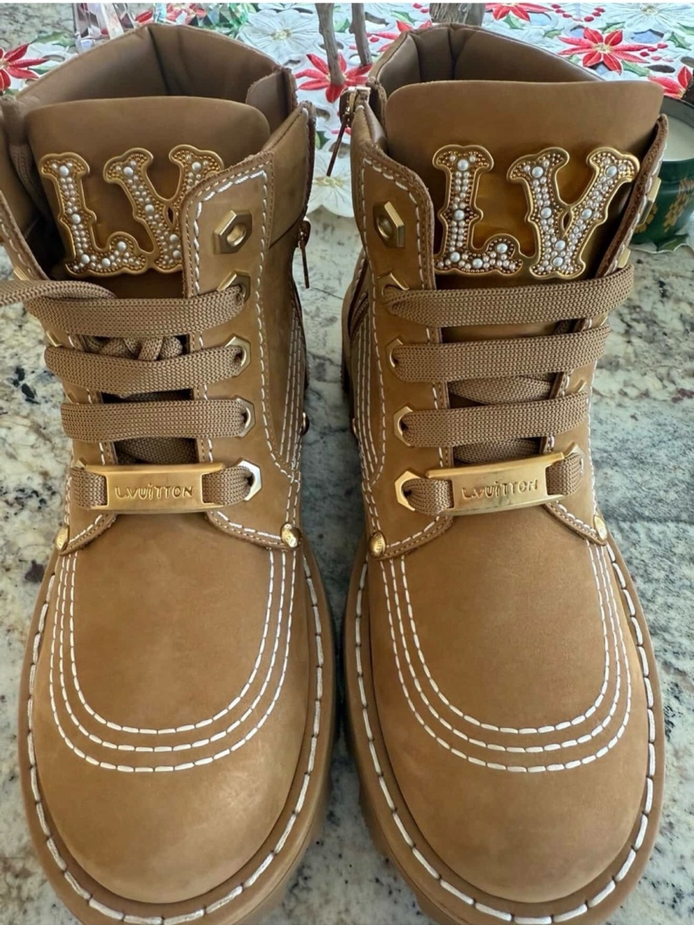 Louis Vuitton Tan Lace-Up Pearl-Trim Combat Boots - Picture 2 of 10